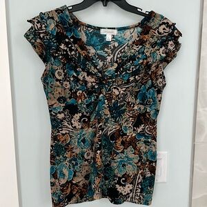 Women’s L cap sleeve blouse with metallic gold trimmed flowers